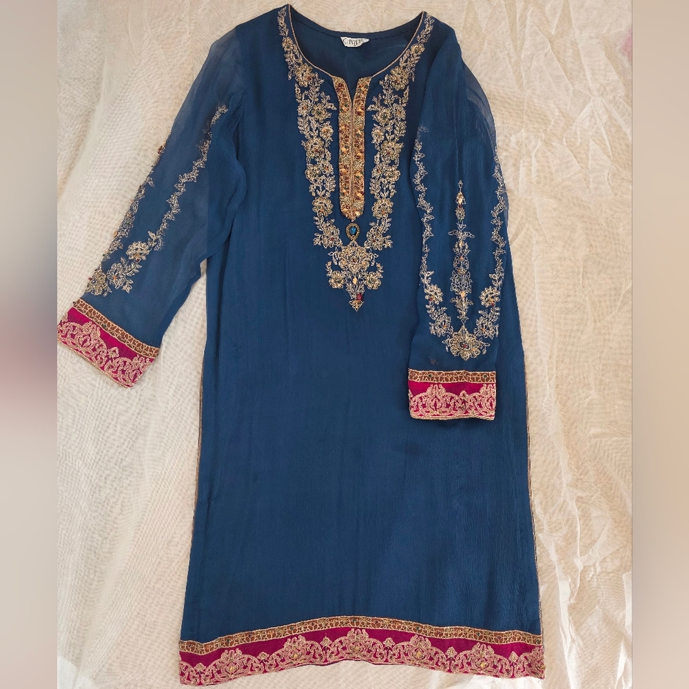 Chinyere - Blue Embroidered Chiffon Dress - Festive Wear - Shalwar Kurta/Kameez - Picture 3 of 5